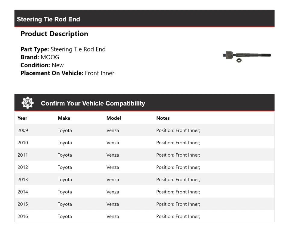 Barra de dirección interior delantera MOOG 2009 2010 2011 para Toyota Venza 2009-2016 Foto 2 de 4
