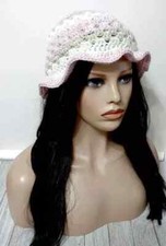 womans handmade crochet bucket hat brim cloche taffy pink gray USA