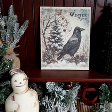 SHABBY VINTAGE PRIMITIVE FOLK STYLE CHRISTMAS WINTER THYME CROW WOODS CABIN SIGN