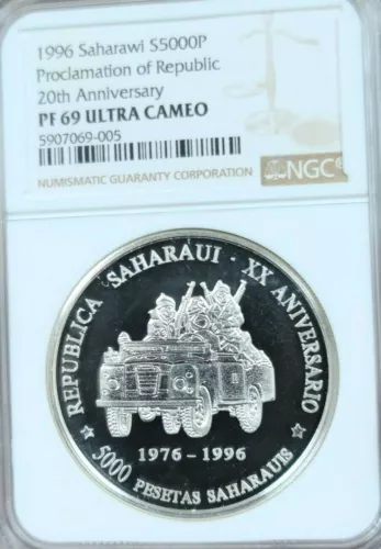 1996 SAHARAWI SILVER 5000 PESETAS REPUBLIC ANNIV NGC PF 69 ULTRA CAMEO TOP POP 1