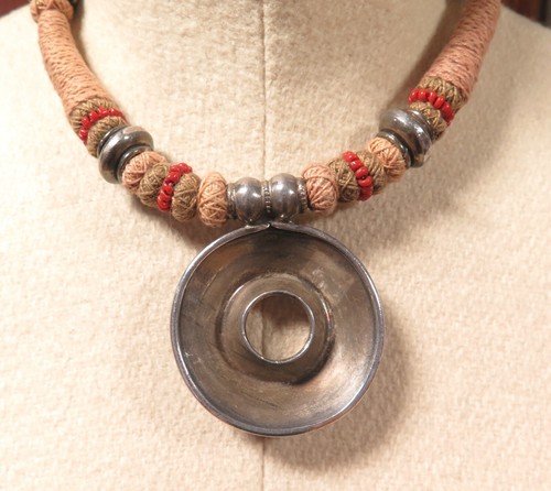Intriguing Sterling Silver Vintage Coral & Woven Cotton Statement Necklace 72.3g - Picture 14 of 14
