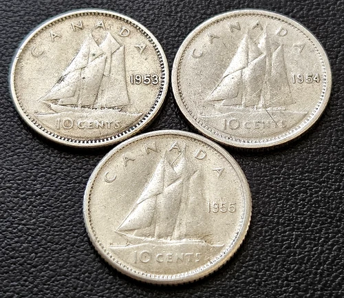 1953, 1954, 1955 Canada Silver 10-Cent Dimes - 80% Silver Coins