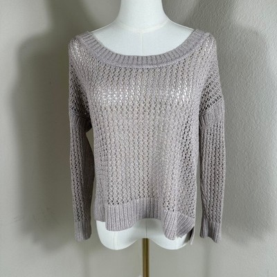 Club Monaco Open Knit Sweater Women M Taupe Linen Blend Boho Coastal
