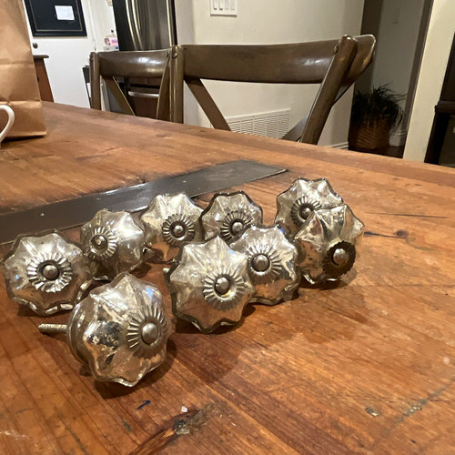 9 vintage Mercury glass Cabinet Knobs Metal Center Polished w/ Screws 1.5in