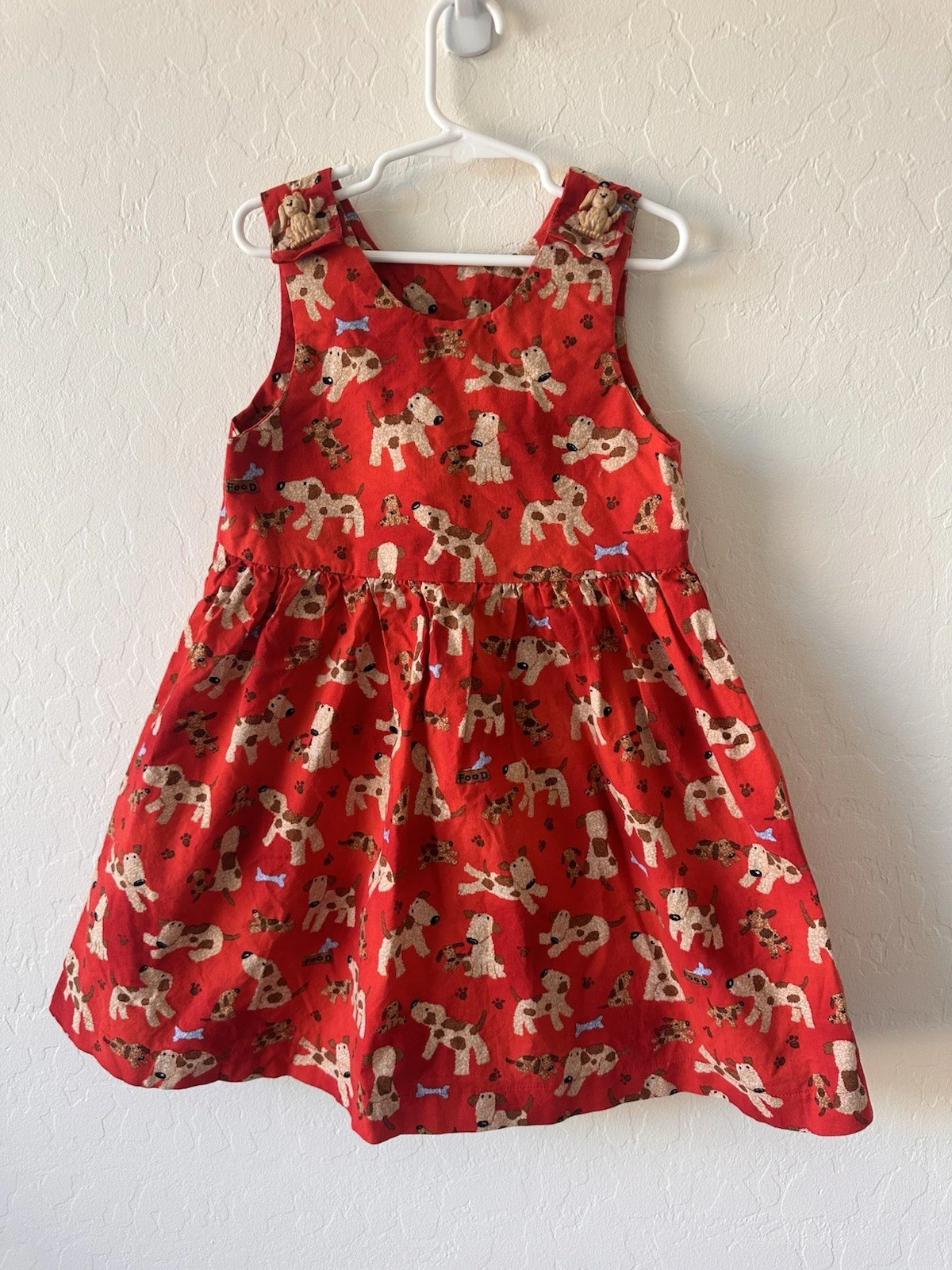 5T Handmade Puppy Red Summer Dress - Sleeveless Girls Dress, Cotton