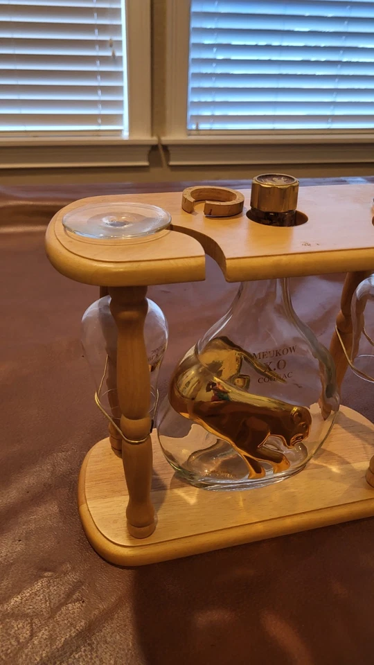 MEUKOW France Cognac Empty Bottle Gold Panther 750ml Wood Stand 2 glasses CLEAN - Image 3 of 4