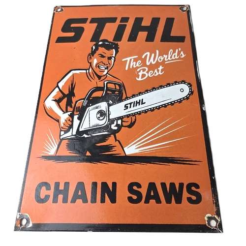 Vintage Stihl Chainsaw Sign - Porcelain Hardware Store Display Advertising Sign