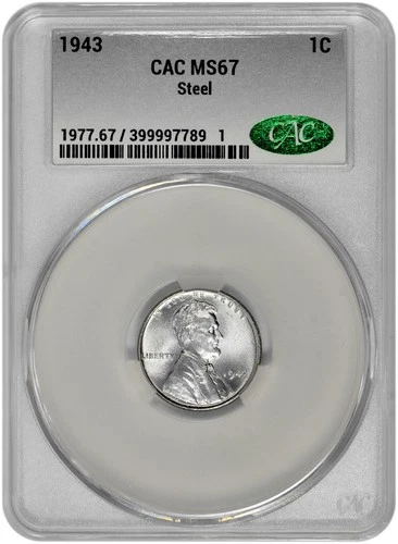 1943 1C Lincoln Steel Wheat Cent CAC Graded MS 67 in New Holder