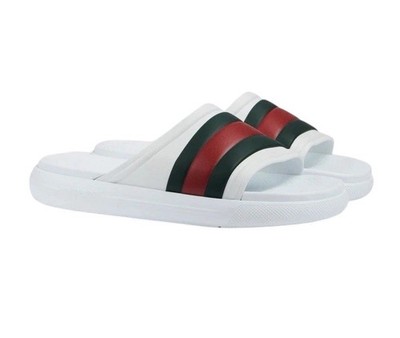 Authentic Men's Gucci White Green Red Web Rubber Slides Sandals