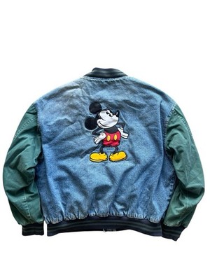VTG 90s Genius Mickey Mouse Denim Varsity Jacket Green & Blue Bomber Size XL