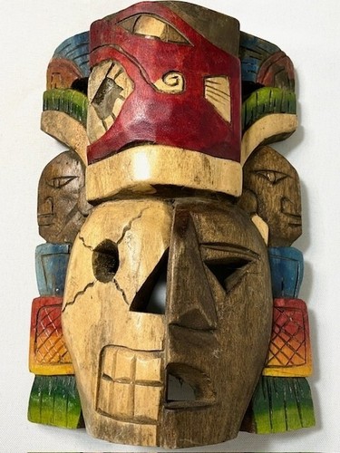 Mayan Two-Face Duality Mask Hand Made Jaguar Parrot Sentry 8" x 5.5" x 2" VTG