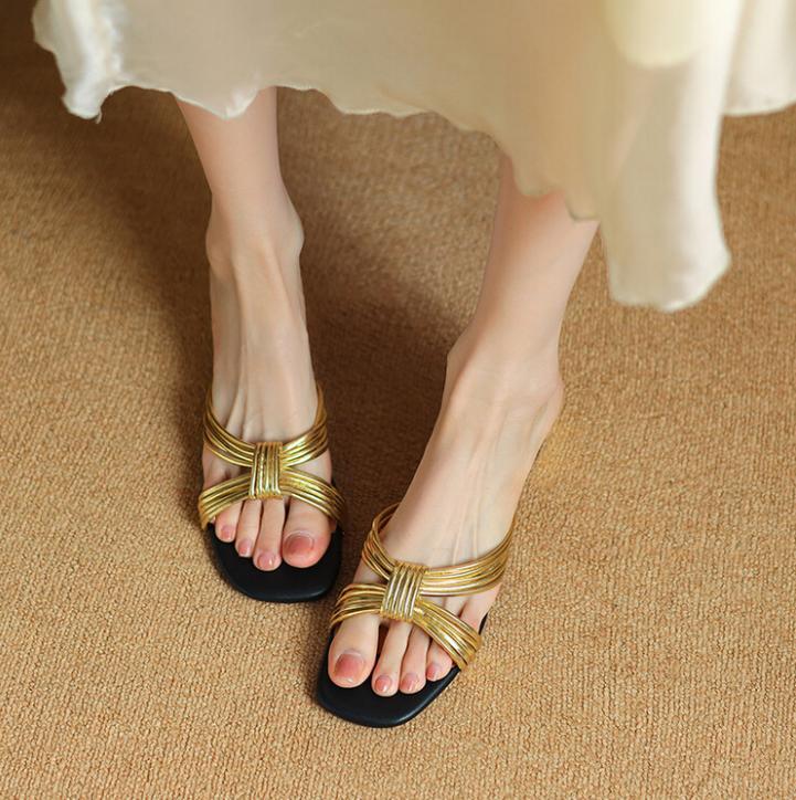 PANTOFOLA D’ORO Sandalo donna estate punta aperta tacco basso slip on tacchi alti pompa giornaliera oro