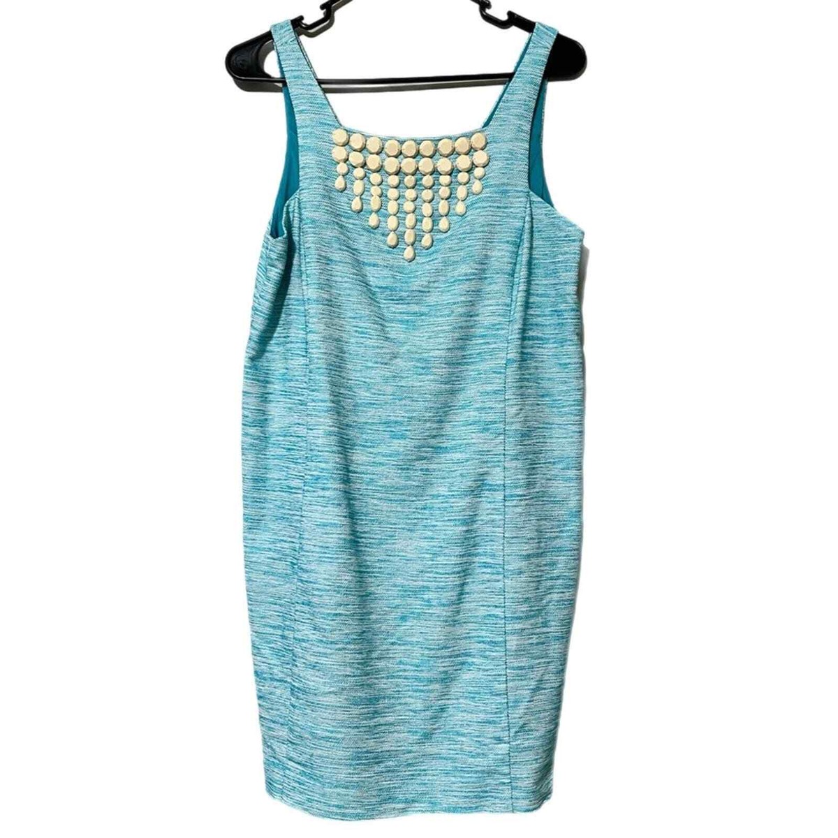 TRINA TURK DRESSES size 8 casual blue shift dress lined beaded front v-neck  back | eBay