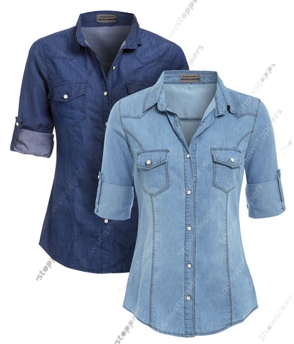 NEW Womens Denim Shirt Ladies Classic Fitted Shirts Size 6 8 10 12 14 Blue jean