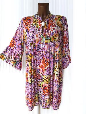 Farbenfrohes Ibiza LEO Oversize Kleid Hängerchen Tunika 38 40 42 44 lila gelb or