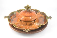 VTG California USA Chip and Dip Set #D102 Lazy Susan 7-Piece Brown Complete!