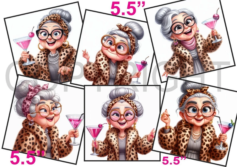 WEDDING WISHES UK 6 XL Card Toppers 5.5" Funny Old Lady Drinking Pink Martini Birthday CRAFTS/Tag