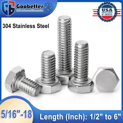 3/8''-16 Hex Head Cap Screw Bolt Fully Thread Stainless Steel Lengthen 1/2'' to 5''