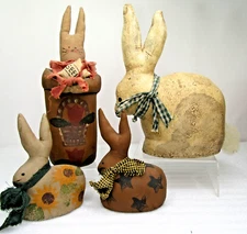 Lot 4 handmade primitive folk art oil cloth Bunny Rabbits artist signed Easter