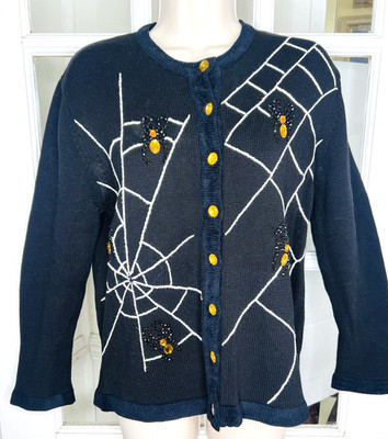 Vtg SPIDERS + WEB Black Cardigan Sweater MEDIUM Embroidered Beads Womens Terazzo