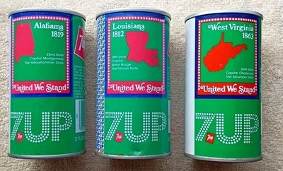 3 VINTAGE DIFFERENT 7up Soda Pop Cans - ALABAMA - WEST VIRGINIA - LOUISIANA 