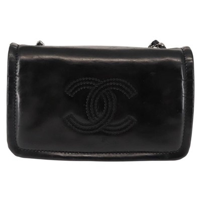 CHANEL Chain Shoulder Bag Patent leather Black Gold CC Auth