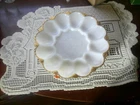 Vintage Anchor Hocking Milk Glass Deviled Egg Plate Gold Trim Scalloped Edge