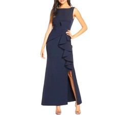 Eliza J Dress Size 2 Navy Blue Sleeveless Ruffle Front Cascade Gown New