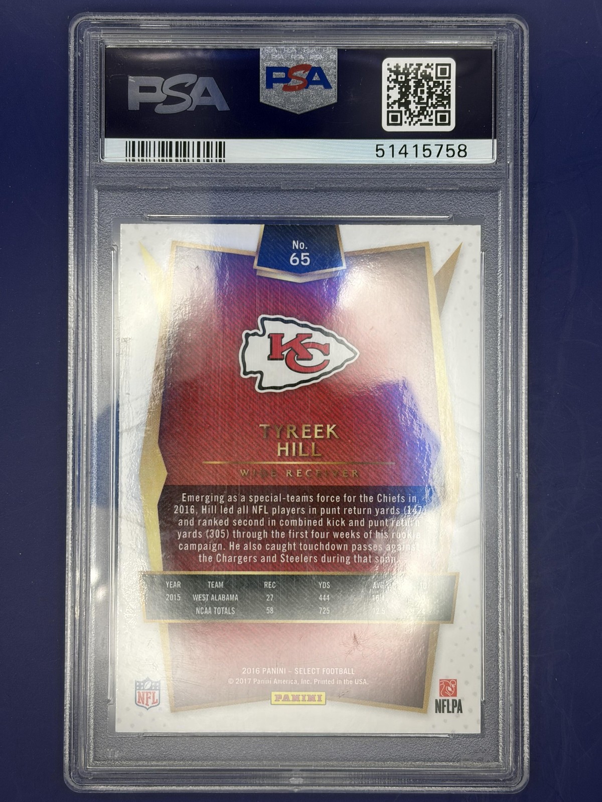 2016 Panini Select Tri-Color Prizm #65 Tyreek Hill PSA 10 Gem Mint view 2