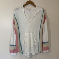 Buc-ees Pullover Hoodie Womens Large Bucees Cream Pink Green Stripe Casual