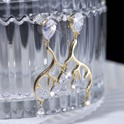 Gold horn antler stud simulated diamond cz earrings 925 silver dangle tear drop - Picture 7 of 8