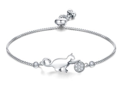 Verstellbares Katzenarmband Kristall Charm Silber Armreif Damen Mädchen Schmuck Geschenk 