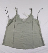 NWT Francesca’s Miami Mi ami Womens Sage Green Tank Top Fringe Lace Trim Size XS