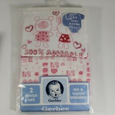 Gerber Baby Girl Bib Onesie Cotton 100 Adorable 0-3 mos 8-12 lbs Pink 2pc Set