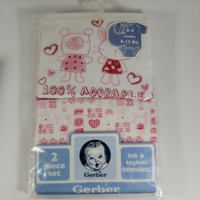 Gerber Baby Girl Bib & Onesie Cotton 100% Adorable 0-3 mos 8-12 lbs Pink 2pc Set