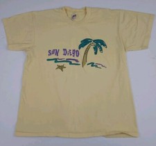 Vintage 90s San Diego California Palm Beach Print T Shirt Vtg USA Made Yellow
