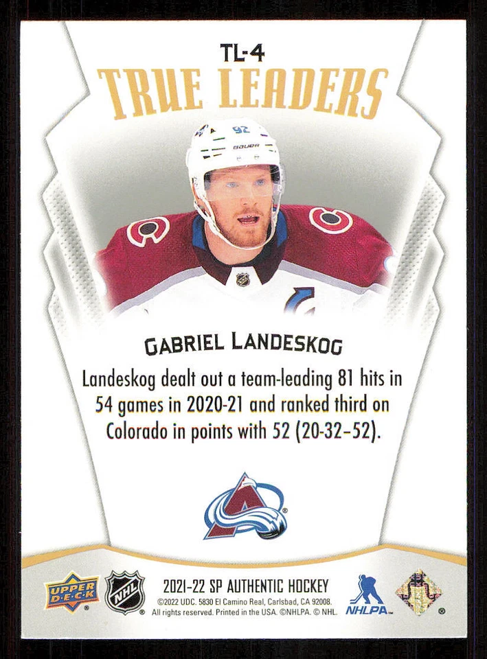 2021-22 SP Authentic True Leaders #TL4 Gabriel Landeskog - Image 2 of 2