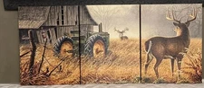 3 Panel Triptych Stretched Canvas Wall Art Farm Scene with Barn, Pheasant, Deer