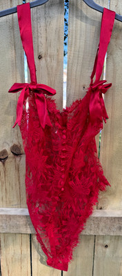 Vintage Victoria's Secret Teddy Bodysuit Red Lace Bows Medium Gold Label