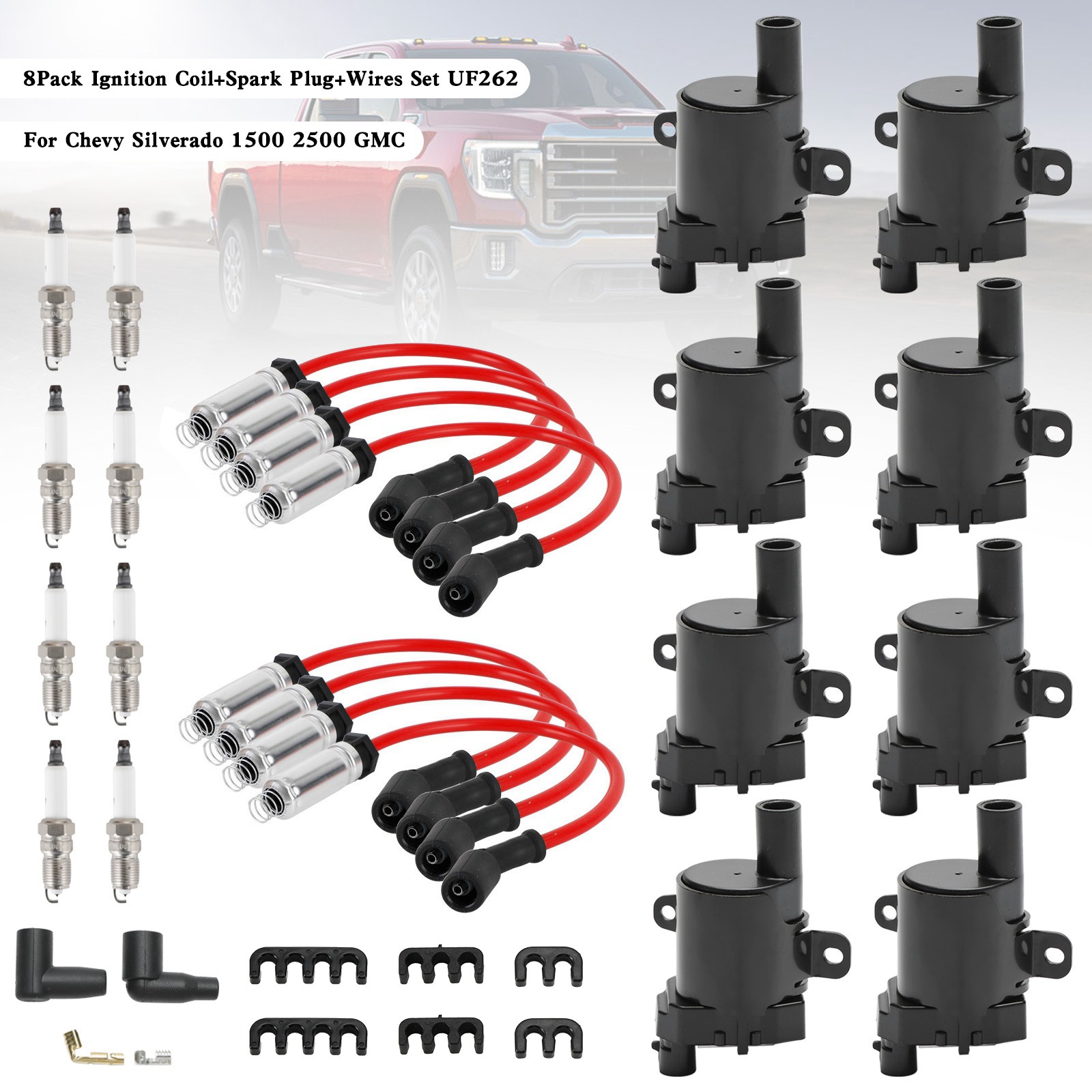 8Pack Ignition Coil+Spark Plug+Wires Set UF262 For Chevy Silverado 1500 2500 GMC