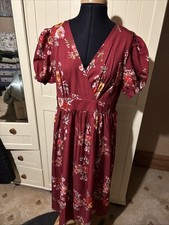 SHEIN Ladies Midi Dress Size 14 Dark Red Floral Short Sleeve Lightweight Stretch