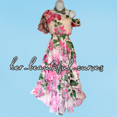 QUIZ ONE SHOULDER BLUMEN SCHIMMERNDE FÄDEN HOCH NIEDRIG PARTYKLEID GRÖSSE 14