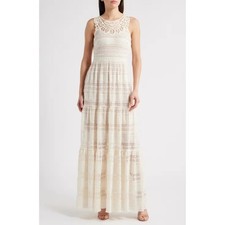 Eliza J Womens 4 V-Neck Sleeveless Maxi Dress Cream Lace Beachy Boho Modest