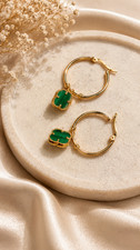 14K Gold Green Clover Hoop Earrings