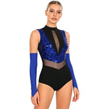 Women Dancewear Stage Outfit Sparkling Bodysuit Gymnastics Shiny Sheer Leotard