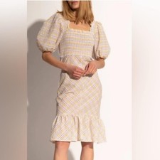 Ganni checked seersucker puff sleeve smocked midi ruffle dress organic cotton 4