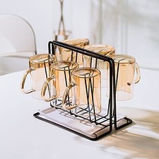 Metal Cup Drying Rack with 6 Hooks, Bottle Drying Rack with Drain Tray,Coffee...