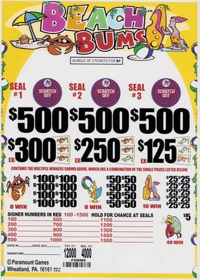Pull Tab Tickets - Jar- Game - Holder - Beach Bums - 3 Seal - 4,000 Ct
