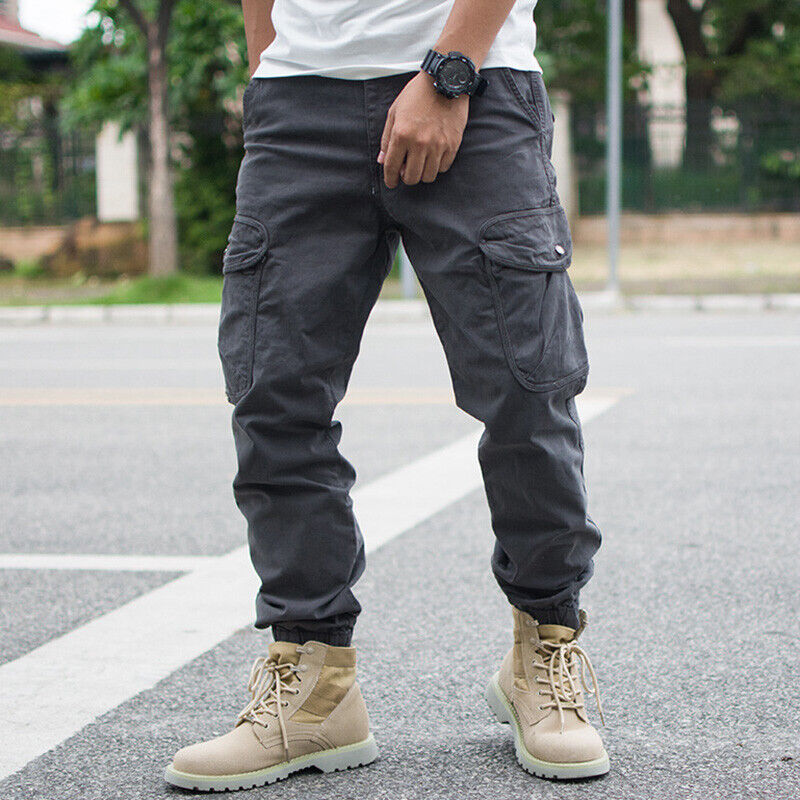 Men Casual Cargo Combat Joggers Pants Tapered Sports Work Trousers