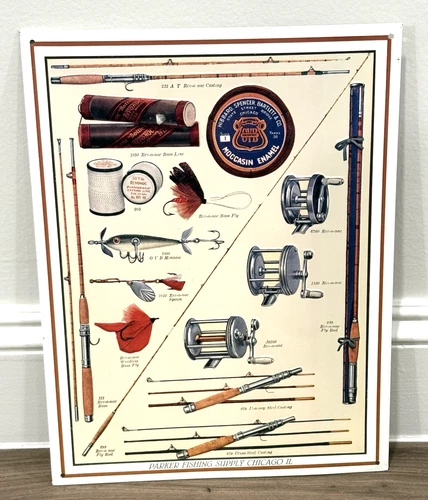 Vintage Parker Fishing Supply Chicago IL Tin Metal Sign Fishing lures rods NICE